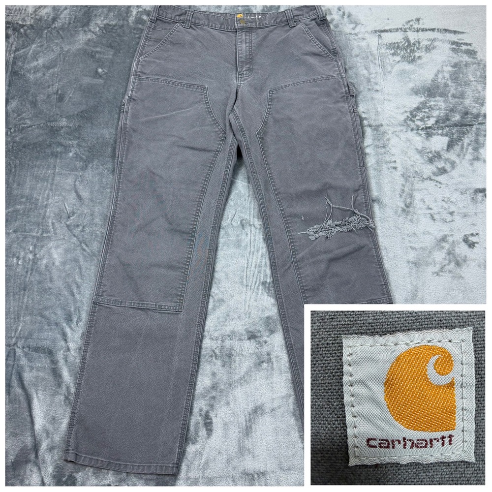 Carhartt Mens Relaxed Fit Double Knee Work‎ Pants Gray 36x34 Distressed Thrashed
